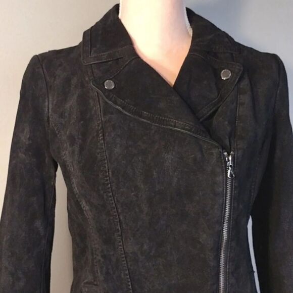 Isaac Mizrahi Black Leather Diagonal Zip Fitted Moto Grunge Jacket Size 4 - Picture 2 of 16